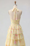 Lie jaune A Line Fleur longue robe de bal avec volants