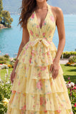 Lie jaune A Line Fleur longue robe de bal avec volants