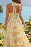 Lie jaune A Line Fleur longue robe de bal avec volants