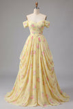 Robe de bal longue jaune ligne A épaules froncées imprimé floral