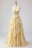Robe de bal longue jaune fleurie, col en V, volants et nœud