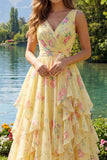 Robe de bal longue jaune fleurie, col en V, volants et nœud