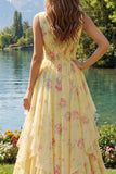 Robe de bal longue jaune fleurie, col en V, volants et nœud