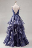 Starry A Line propose une robe de bal longue délicate à bretelles fines avec jupe en cascade à étages