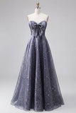 Robe de bal longue de bal Céleste Minuit Enchanteresse Ligne A Étoilée avec nœud