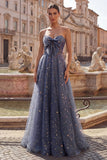 Robe de bal longue de bal Céleste Minuit Enchanteresse Ligne A Étoilée avec nœud