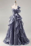 Robe de bal de promo bleu poussiéreux bleu poussiéreux à une épaule avec nœud surdimensionné et volants en cascade