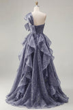 Robe de bal de promo bleu poussiéreux bleu poussiéreux à une épaule avec nœud surdimensionné et volants en cascade