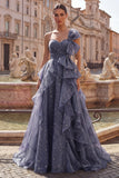 Robe de bal de promo bleu poussiéreux bleu poussiéreux à une épaule avec nœud surdimensionné et volants en cascade