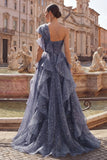 Robe de bal de promo bleu poussiéreux bleu poussiéreux à une épaule avec nœud surdimensionné et volants en cascade