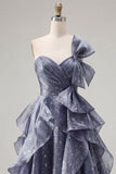 Robe de bal de promo bleu poussiéreux bleu poussiéreux à une épaule avec nœud surdimensionné et volants en cascade