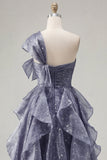Robe de bal de promo bleu poussiéreux bleu poussiéreux à une épaule avec nœud surdimensionné et volants en cascade