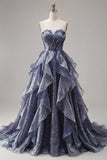 Robe de bal longue bleu poussiéreux sans bretelles bleu avec corsage froncé et volants en cascade