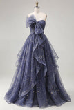 Robe de bal longue de bal bleu poussiéreux sans bretelles avec nœuds à volants en cascade