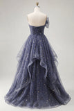 Robe de bal longue de bal bleu poussiéreux sans bretelles avec nœuds à volants en cascade