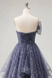 Robe de bal longue de bal bleu poussiéreux sans bretelles avec nœuds à volants en cascade