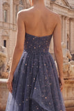 Robe de bal longue de bal bleu poussiéreux sans bretelles avec nœuds à volants en cascade