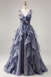 Robe de bal élégante en tulle à col en V avec des volants à étages
