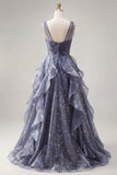 Robe de bal élégante en tulle à col en V avec des volants à étages