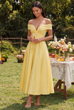 Robe maxi jaune ligne A à épaules dénudées, avec poches