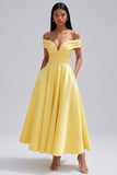 Robe maxi jaune ligne A à épaules dénudées, avec poches