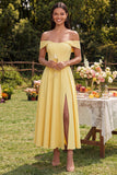 Robe maskini jaune corset à épaules décollées en A avec fente