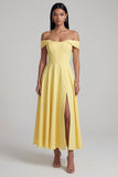 Robe maskini jaune corset à épaules décollées en A avec fente
