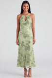 Robe midi sirène à col nu bleu avec broderie florale
