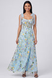 Corset fleuri bleu A Line Maxi avec fente