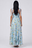 Corset fleuri bleu A Line Maxi avec fente