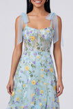 Corset fleuri bleu A Line Maxi avec fente