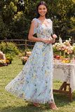 Corset fleuri bleu A Line Maxi avec fente