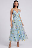 Robe Maxi bleue à col en V à fleurs en V