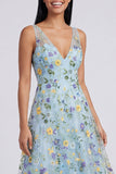 Robe Maxi bleue à col en V à fleurs en V