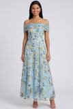 Robe Maxi bleue fleur dénudée A Line