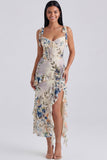 Robe d'invitée de mariage midi ivoire fourreau bustier floral avec fente