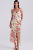 Robe d'invitée de mariage midi ivoire fourreau bustier floral avec fente