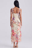 Robe d'invitée de mariage midi ivoire fourreau bustier floral avec fente