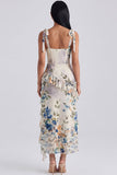 Robe d'invitée de mariage midi ivoire fourreau bustier floral avec fente