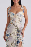 Robe d'invitée de mariage midi ivoire fourreau bustier floral avec fente
