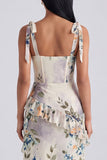 Robe d'invitée de mariage midi ivoire fourreau bustier floral avec fente