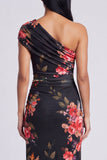 Robe longue à fourreau à une épaule en ivoire florale