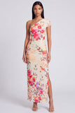 Robe longue à fourreau à une épaule en ivoire florale