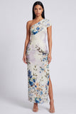 Robe longue à fourreau à une épaule en ivoire florale