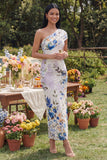 Robe longue à fourreau à une épaule en ivoire florale