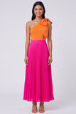Robe maskini plissée orange et fuchsia à une épaule avec un nœud