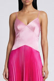 Robe Maxi plissée à bretelles fines en satin rose et fuchsia