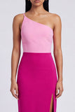 Robe Maxi Bodycon en velours rose et fuchsia avec une épaule et fendue