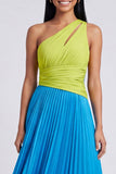 Robe Maxi plissée à une épaule plissée verte et bleue en A