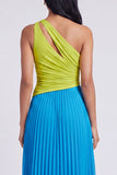 Robe Maxi plissée à une épaule plissée verte et bleue en A